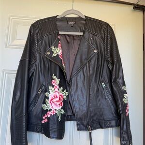 Topshop Luna Black Faux Leather Moto Jacket with Pink Floral Embroidery Size 10